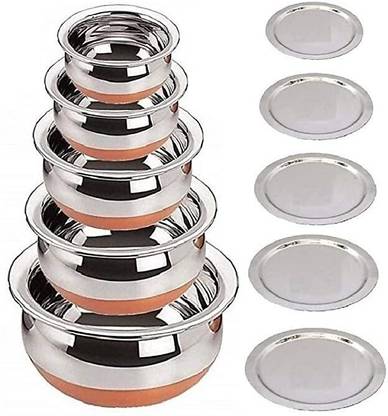 LIMETRO STEEL Copper Base Handi with Lid / Urli Set Cookware Set??(Stainless Steel, 5 - Piece)