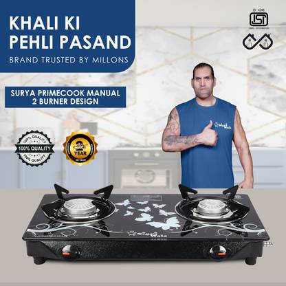 Sigri-wala Surya Primecook Manual Cute Design Toughened Glass Gas Stove Stainless Steel Manual Gas Stove??(2 Burners)