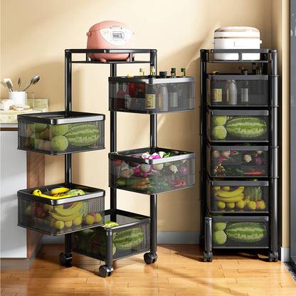 iBELL TS595 Kitchen Rack 5 Tier Rotating Stand, Basket Organizer, Portable Storage, Carbon Steel Kitchen Trolley??(Pre-assembled)