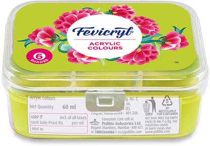 Fevicryl Acrylic Colours Lilac Kit, DIY Paint, Rich Pigment, Multi-surface, 60ml??(Set of 6, Crimson Red, Lemon yellow, Blue, Green, Black, White)
