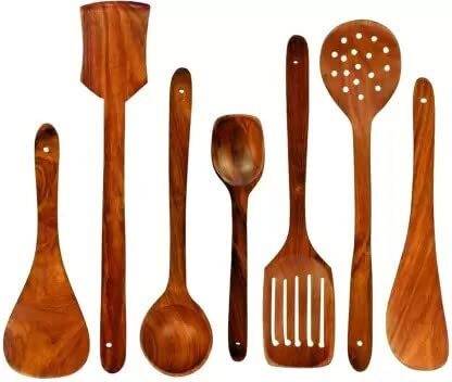 LUNATIC CRAFTWORK Non Chemical lovers Brown yellowish Kitchen Tool Serving Spoon, Salad Spoon Wooden Cutlery Set??(Pack of 7)