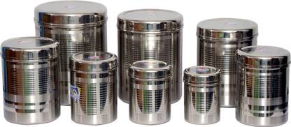 Tactware Steel Grocery Container  - 2.5 L, 2.1 L, 1.5 L, 1 L, 0.85 L, 0.65 L, 0.45 L, 0.25 L??(Pack of 8, Silver)