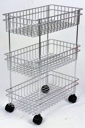 AMMEDARSHAN Fruits/Vegetables Kitchen Rack Steel Stainless Steel Fruits & Vegetable Trolley Basket with Wheel, Kitchen Crockery Storage Modular Rack Stand 3 Layer Multipurpose Kitchen Racks and Shelves