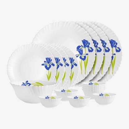 cello Pack of 17 Opalware Dazzle Opalware Blue Iris Dinner Set | Crockery Set | Blue Dinner Set??(Blue, White, Microwave Safe)