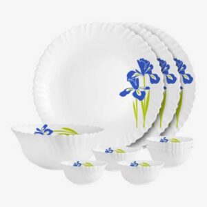 cello Pack of 10 Opalware Dazzle Opalware Blue Iris Dinner Set | Crockery Set | Blue Dinner Set??(Blue, White, Microwave Safe)