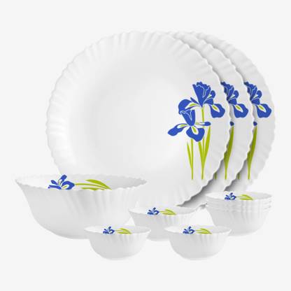 cello Pack of 10 Opalware Dazzle Opalware Blue Iris Dinner Set | Crockery Set | Blue Dinner Set??(Blue, White, Microwave Safe)