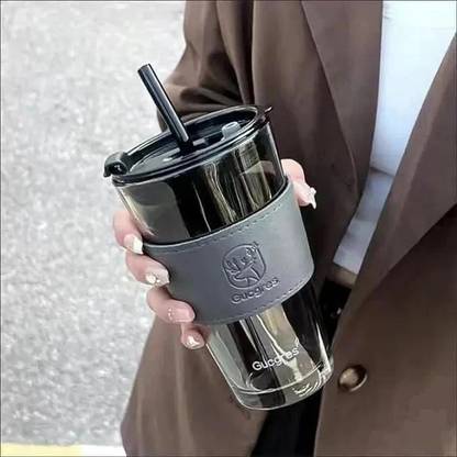 MMTSWorld Reusable Glass Travel Sipper Tumbler with Straw & Lid Juice Smoothie IcedTea Glass Coffee Mug??(400 ml)