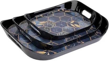 JUICIQ Serving Tray Set of 3 | Black & Gold Designs | Durable & Stylish Tray??(Pack of 3)