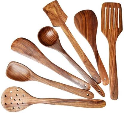 SIFU COLLECTION Non Chemical lovers Brown yellowish Kitchen Tool Wooden Serving Spoon, Table Spoon, Salad Spoon, Measuring Spoon, Tea Spoon, Soup Spoon Set??(Pack of 7)