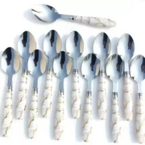 Mohit Steel Spoon Set for Dining table Stylish White Ceramic Handle Marble Stainless Steel Table Spoon Set??(Pack of 12)