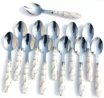 Mohit Steel Spoon Set for Dining table Stylish White Ceramic Handle Marble Stainless Steel Table Spoon Set??(Pack of 12)